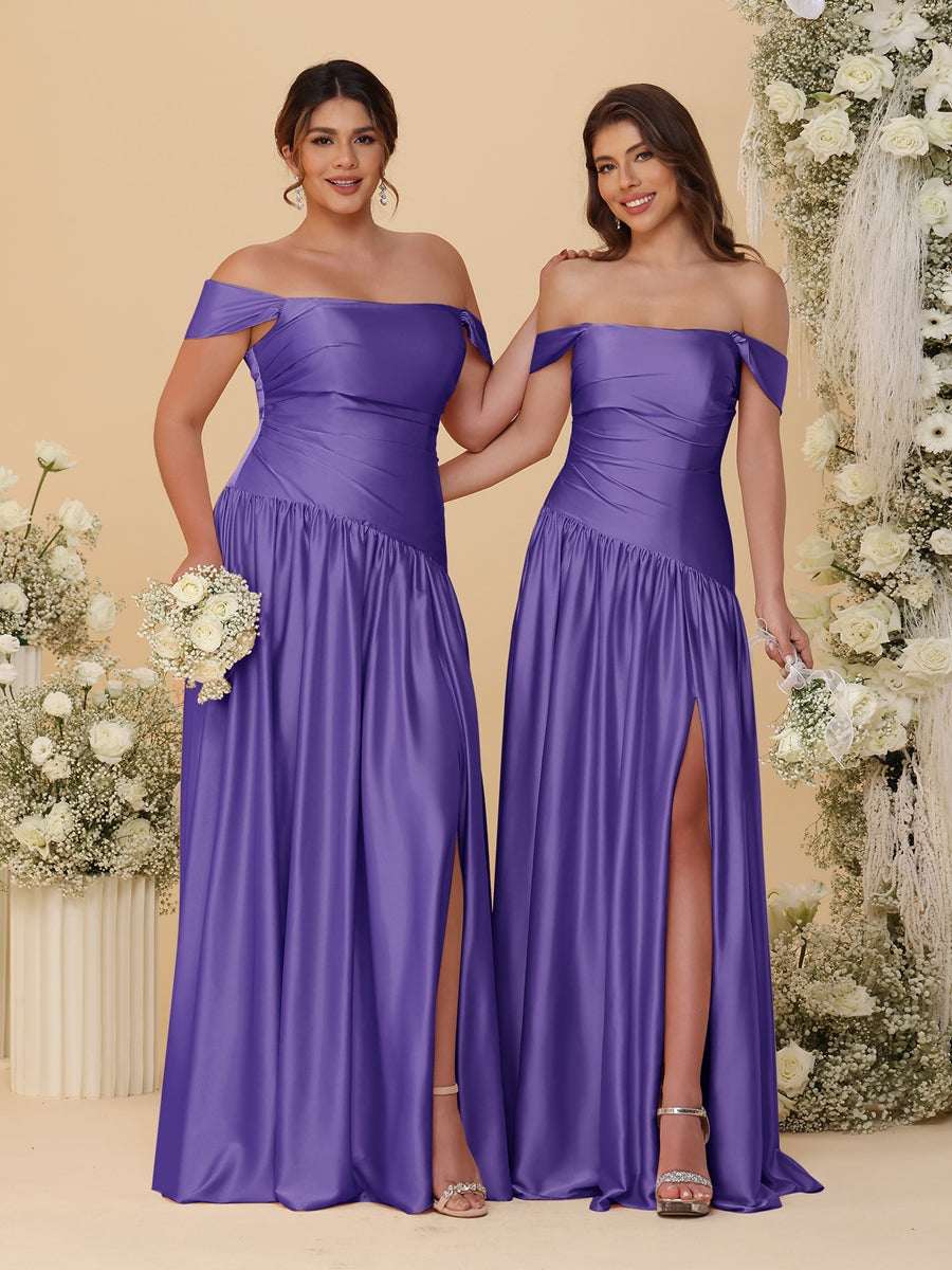 A-Line/Princess Off-the-Shoulder Ruched Long Bridesmaid Dresses With Side Slit & Pleats - Image 39