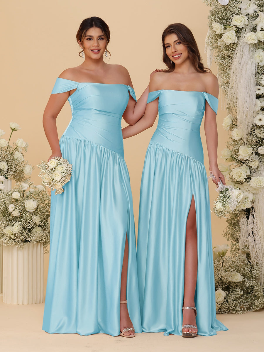 A-Line/Princess Off-the-Shoulder Ruched Long Bridesmaid Dresses With Side Slit & Pleats - Image 60