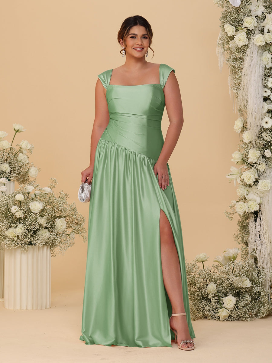A-Line/Princess Off-the-Shoulder Plus Size Bridesmaid Dresses With Side Slit & Pleats - 画像 (39)