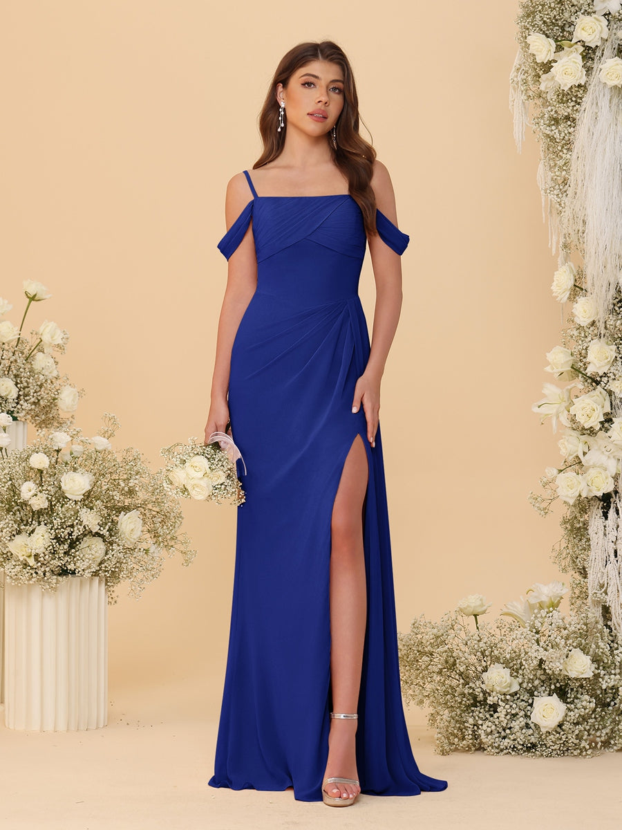 Sheath/Column Off-the-Shoulder Spaghetti Straps Long Ruched Bridesmaid Dresses With Side Slit - Image 18