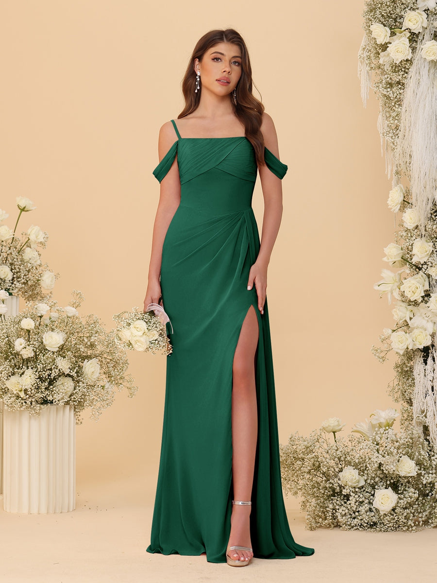 Sheath/Column Off-the-Shoulder Spaghetti Straps Long Ruched Bridesmaid Dresses With Side Slit - Image 23