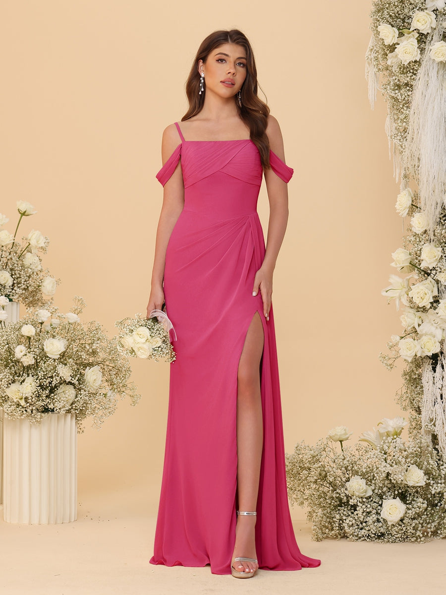 Sheath/Column Off-the-Shoulder Spaghetti Straps Long Ruched Bridesmaid Dresses With Side Slit - Image 25