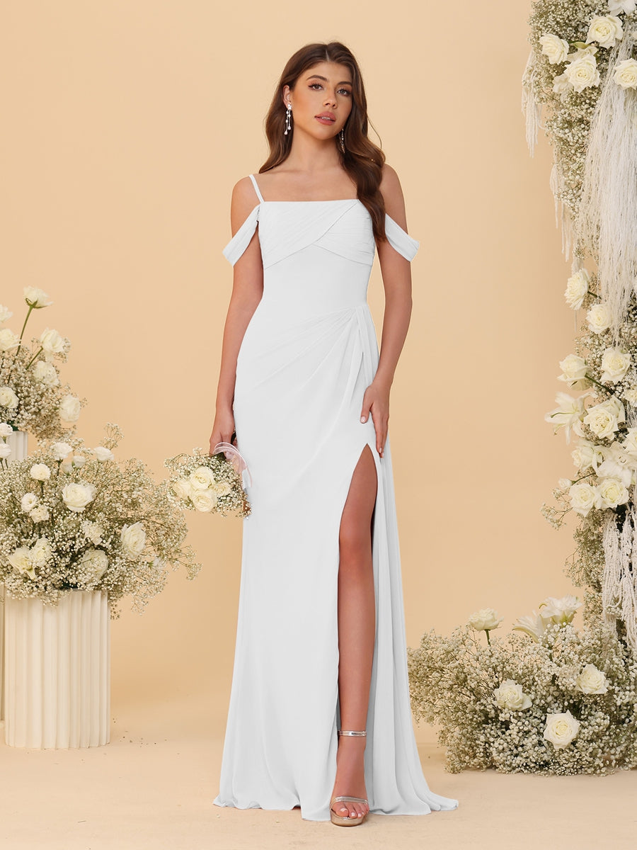 Sheath/Column Off-the-Shoulder Spaghetti Straps Long Ruched Bridesmaid Dresses With Side Slit - Image 49