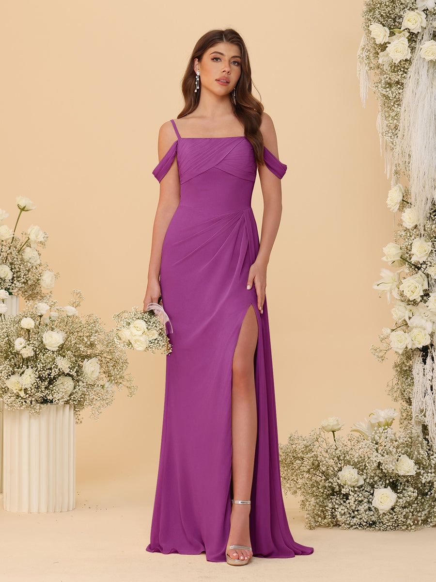 Sheath/Column Off-the-Shoulder Spaghetti Straps Long Ruched Bridesmaid Dresses With Side Slit - Image 52