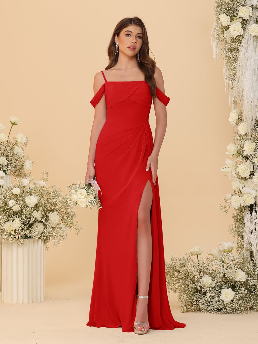 Sheath/Column Off-the-Shoulder Spaghetti Straps Long Ruched Bridesmaid Dresses With Side Slit - Image 59
