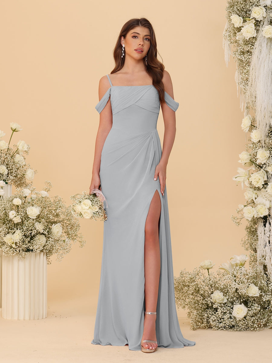 Sheath/Column Off-the-Shoulder Spaghetti Straps Long Ruched Bridesmaid Dresses With Side Slit - Image 64