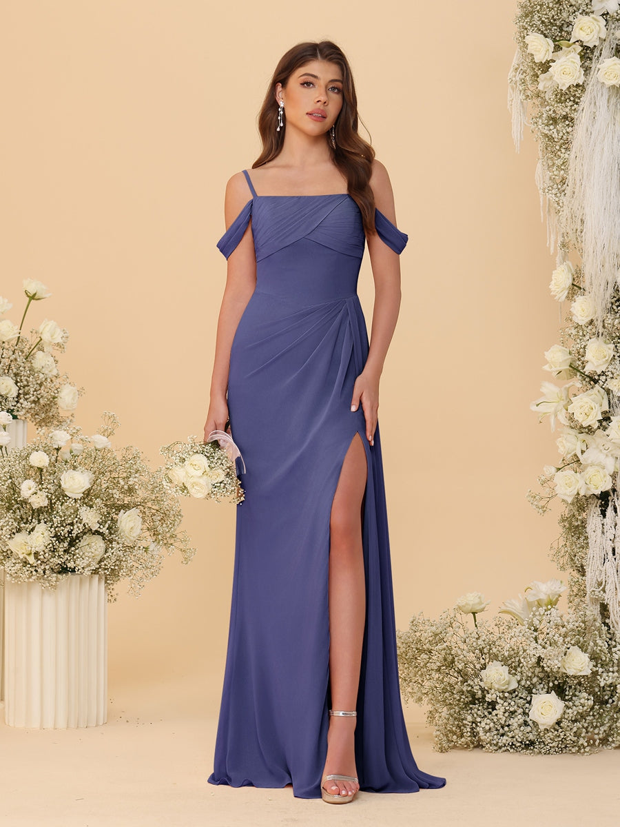 Sheath/Column Off-the-Shoulder Spaghetti Straps Long Ruched Bridesmaid Dresses With Side Slit - Image 69