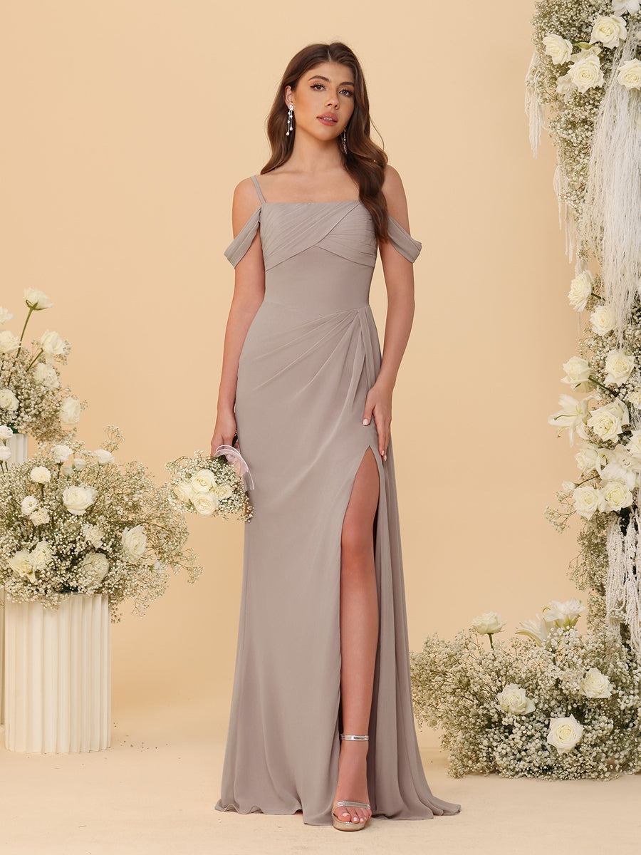 Sheath/Column Off-the-Shoulder Spaghetti Straps Long Ruched Bridesmaid Dresses With Side Slit - Image 70