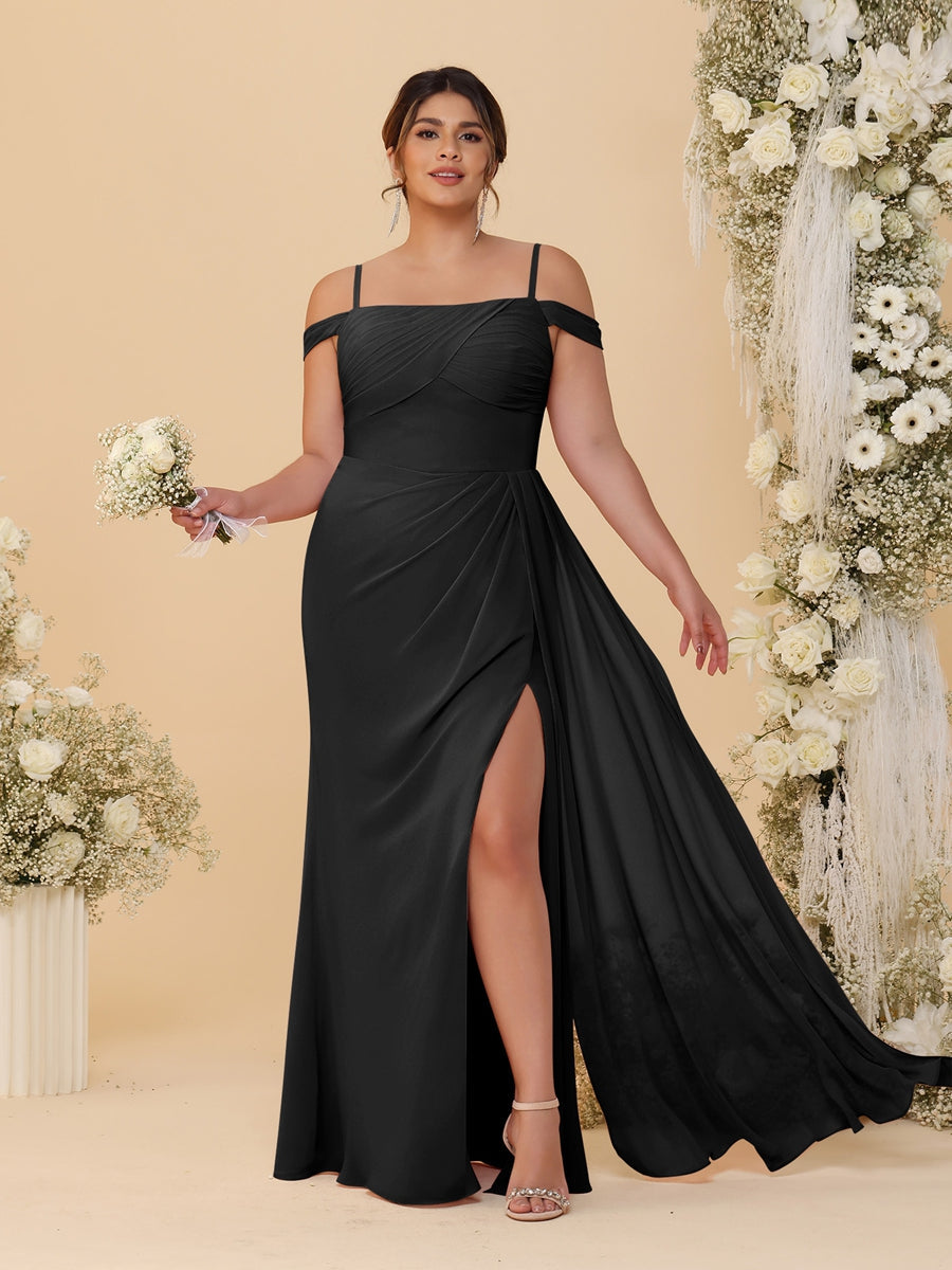 Sheath/Column Off-the-Shoulder Spaghetti Straps Plus Size  Bridesmaid Dresses With Side Slit - Image 6