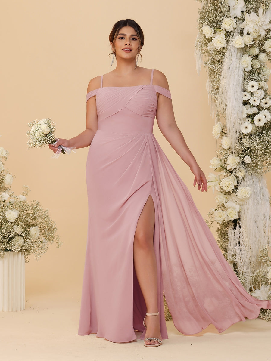 Sheath/Column Off-the-Shoulder Spaghetti Straps Plus Size  Bridesmaid Dresses With Side Slit - Image 39