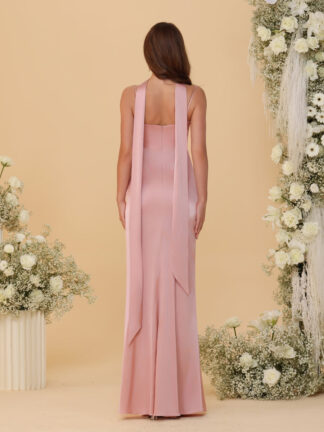 Sheath/Column Spaghetti Straps Sleeveless Floor-Length Ruched Bridesmaid Dresses With Neck Scarf & Split Side