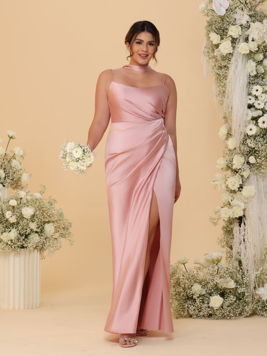 Sheath/Column Spaghetti Straps Sleeveless Floor-Length Ruched Bridesmaid Dresses With Neck Scarf & Split Side - 画像 (4)