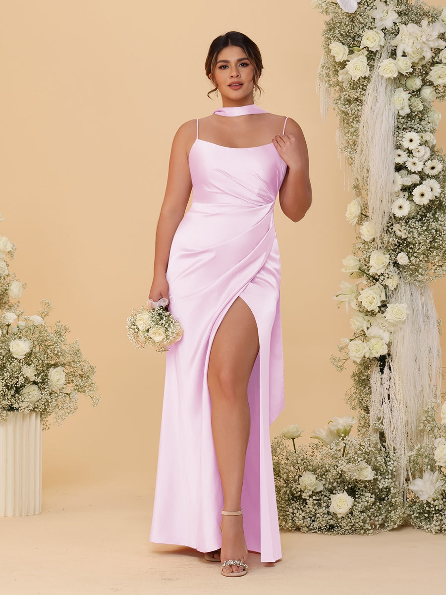 Sheath/Column Spaghetti Straps Sleeveless Floor-Length Ruched Bridesmaid Dresses With Neck Scarf & Split Side - 画像 (47)