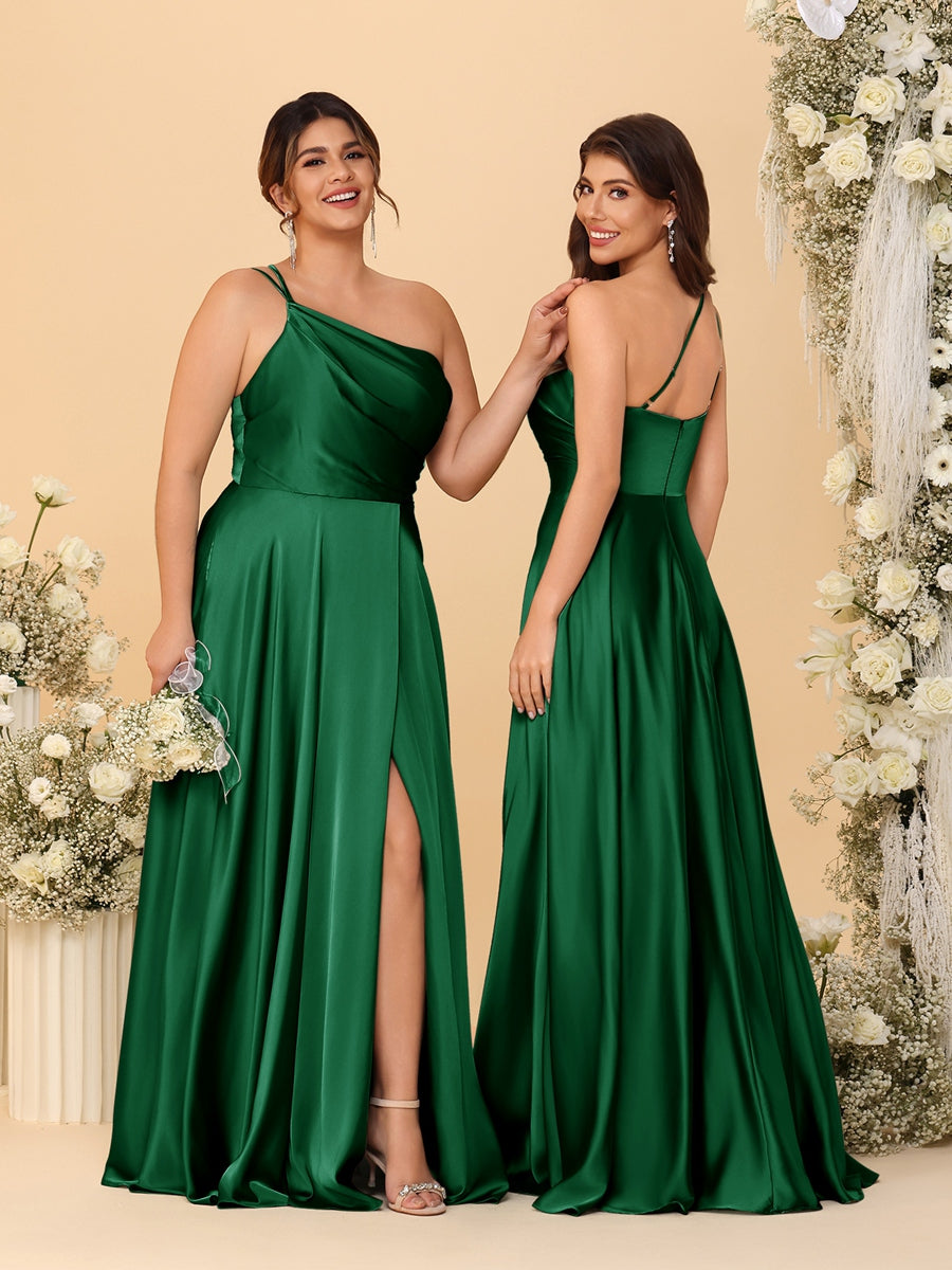 A-Line/Princess Spaghetti Straps Sleeveless Long Ruched Bridesmaid Dresses With Split Side - 이미지 62