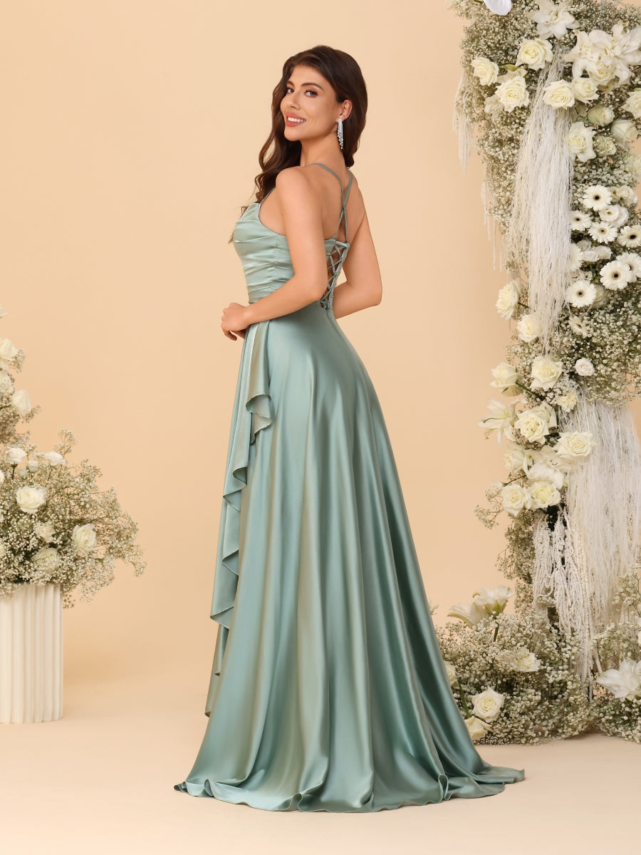 A-Line/Princess Spaghetti Straps Sleeveless Sweep Train Bridesmaid Dresses With Split Side - 이미지 7