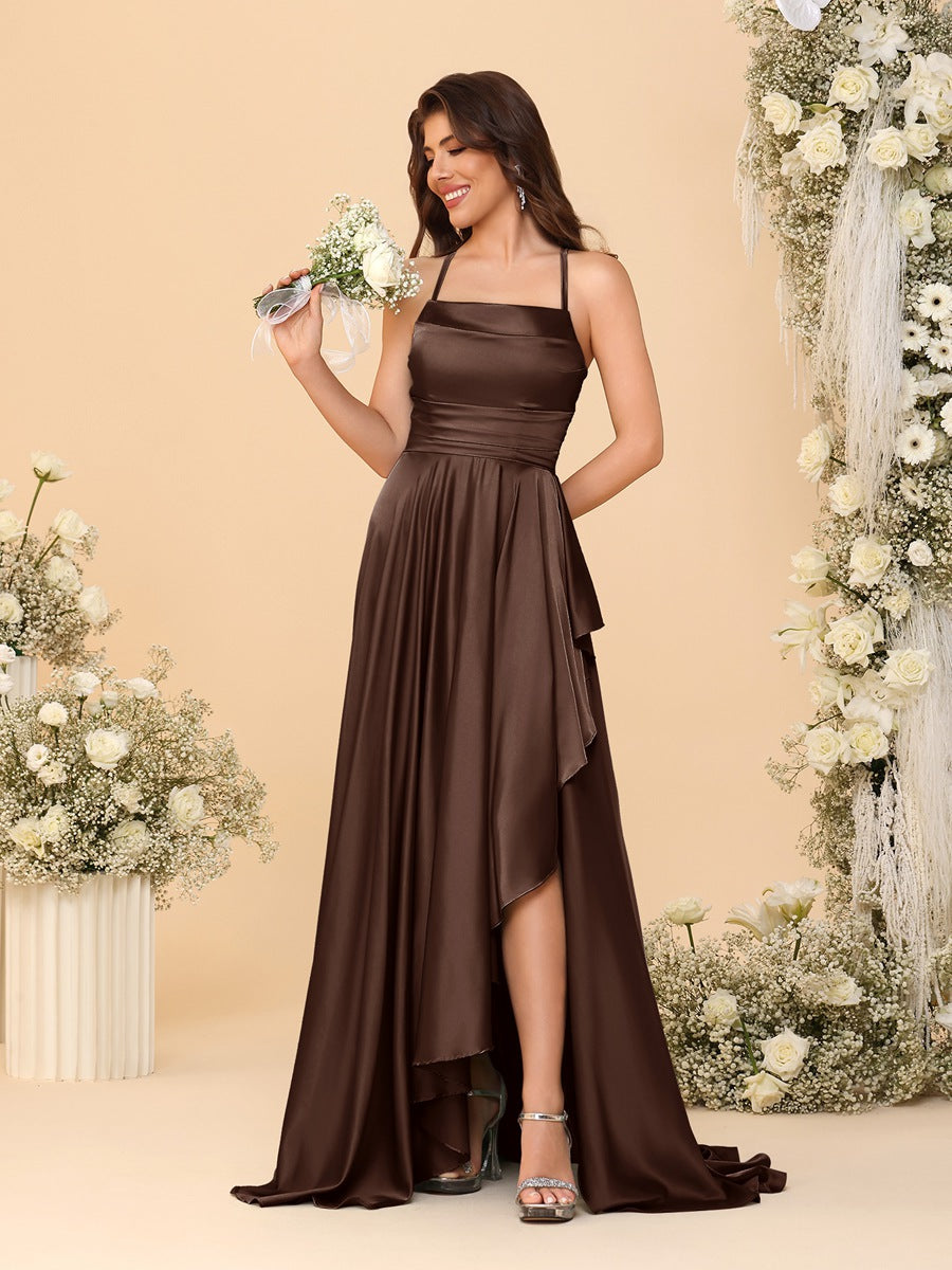A-Line/Princess Spaghetti Straps Sleeveless Sweep Train Bridesmaid Dresses With Split Side - 이미지 52