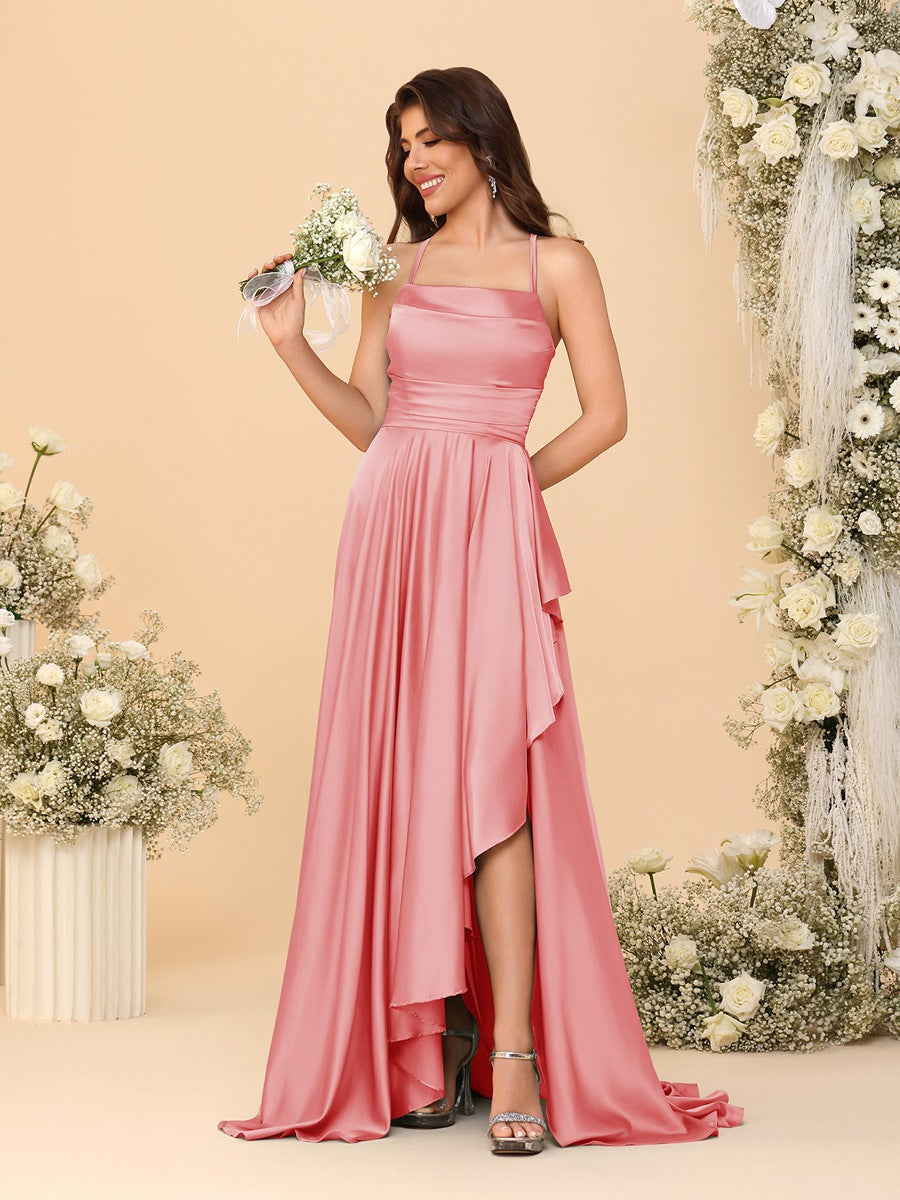 A-Line/Princess Spaghetti Straps Sleeveless Sweep Train Bridesmaid Dresses With Split Side - 이미지 21