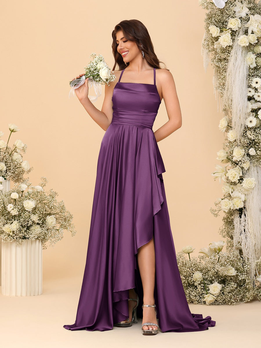 A-Line/Princess Spaghetti Straps Sleeveless Sweep Train Bridesmaid Dresses With Split Side - 이미지 27