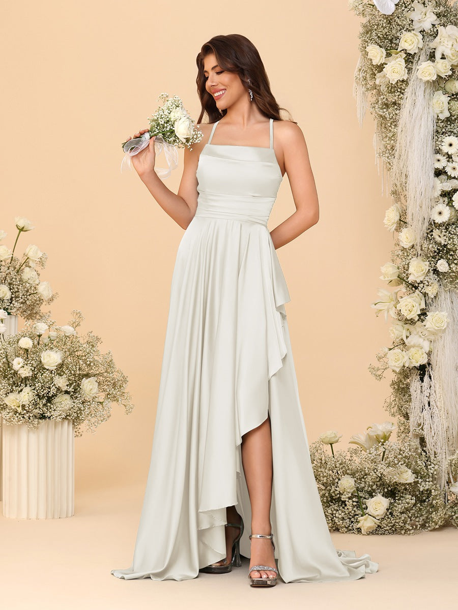 A-Line/Princess Spaghetti Straps Sleeveless Sweep Train Bridesmaid Dresses With Split Side - 이미지 67