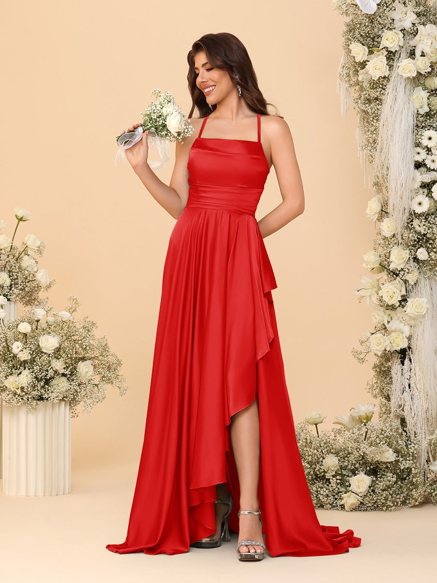 A-Line/Princess Spaghetti Straps Sleeveless Sweep Train Bridesmaid Dresses With Split Side - 이미지 17