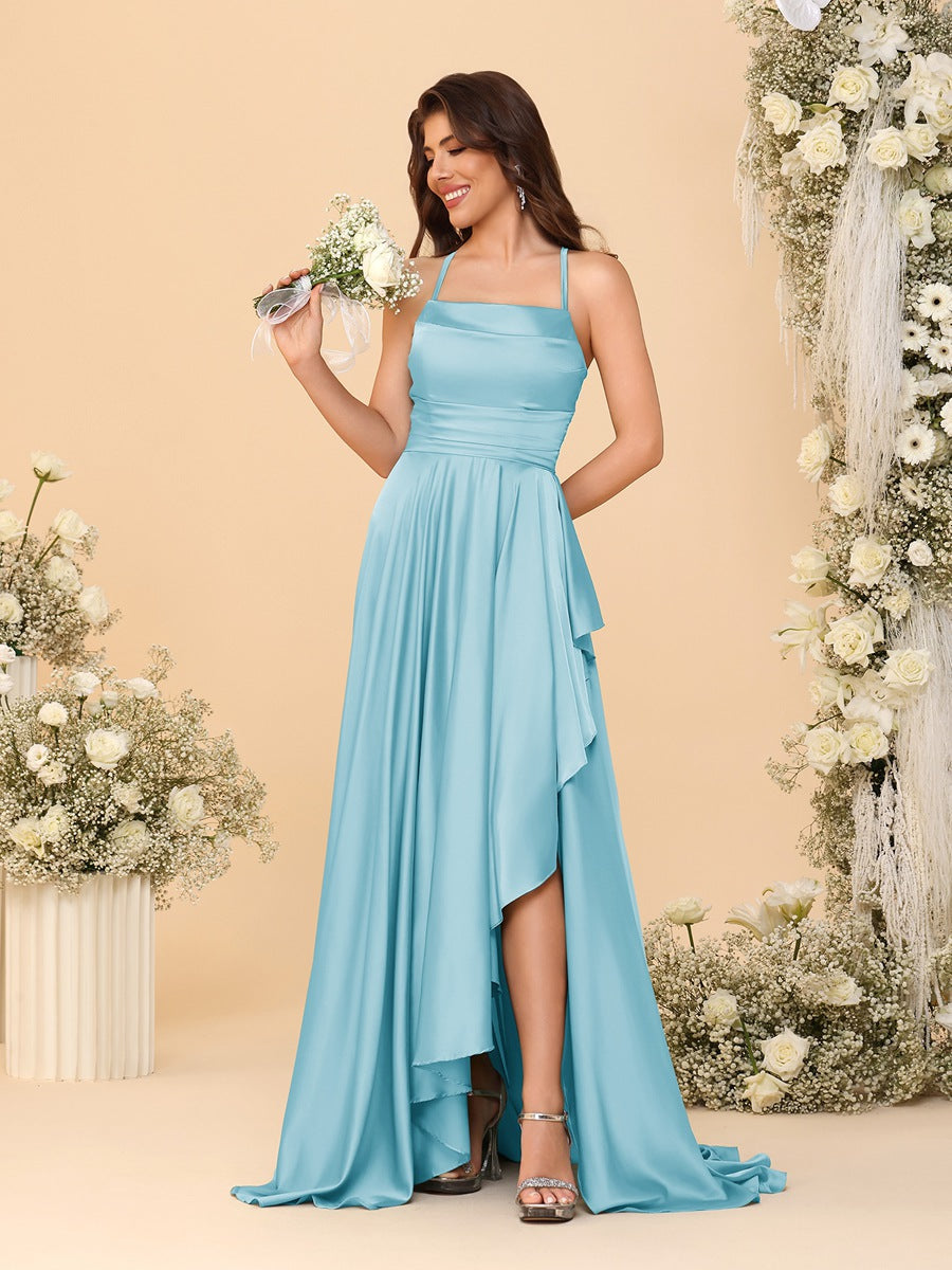 A-Line/Princess Spaghetti Straps Sleeveless Sweep Train Bridesmaid Dresses With Split Side - 이미지 36