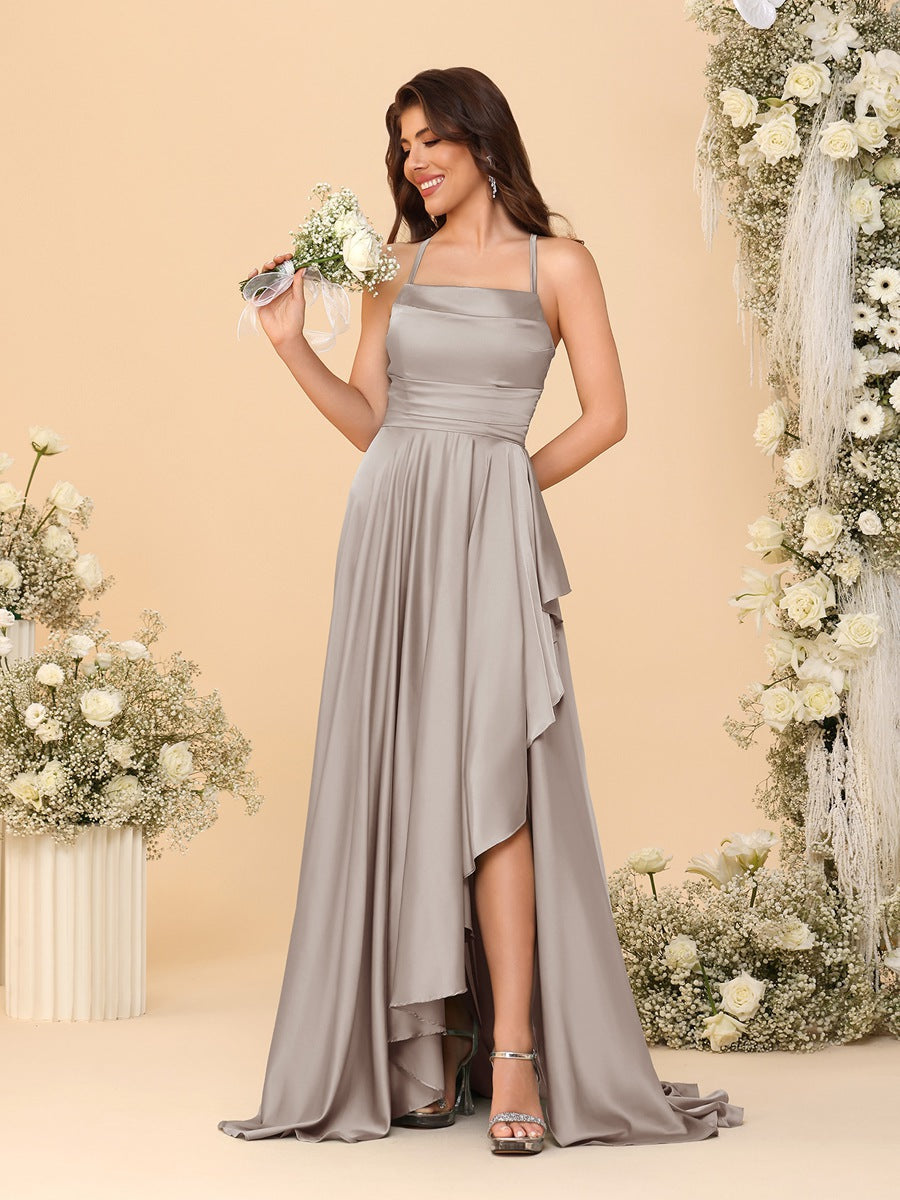 A-Line/Princess Spaghetti Straps Sleeveless Sweep Train Bridesmaid Dresses With Split Side - 이미지 38