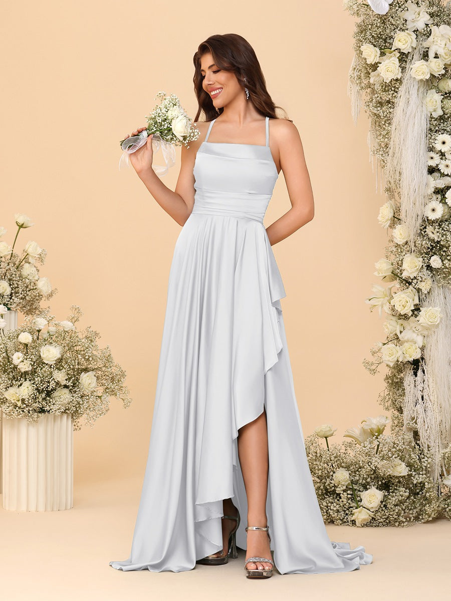 A-Line/Princess Spaghetti Straps Sleeveless Sweep Train Bridesmaid Dresses With Split Side - 이미지 65