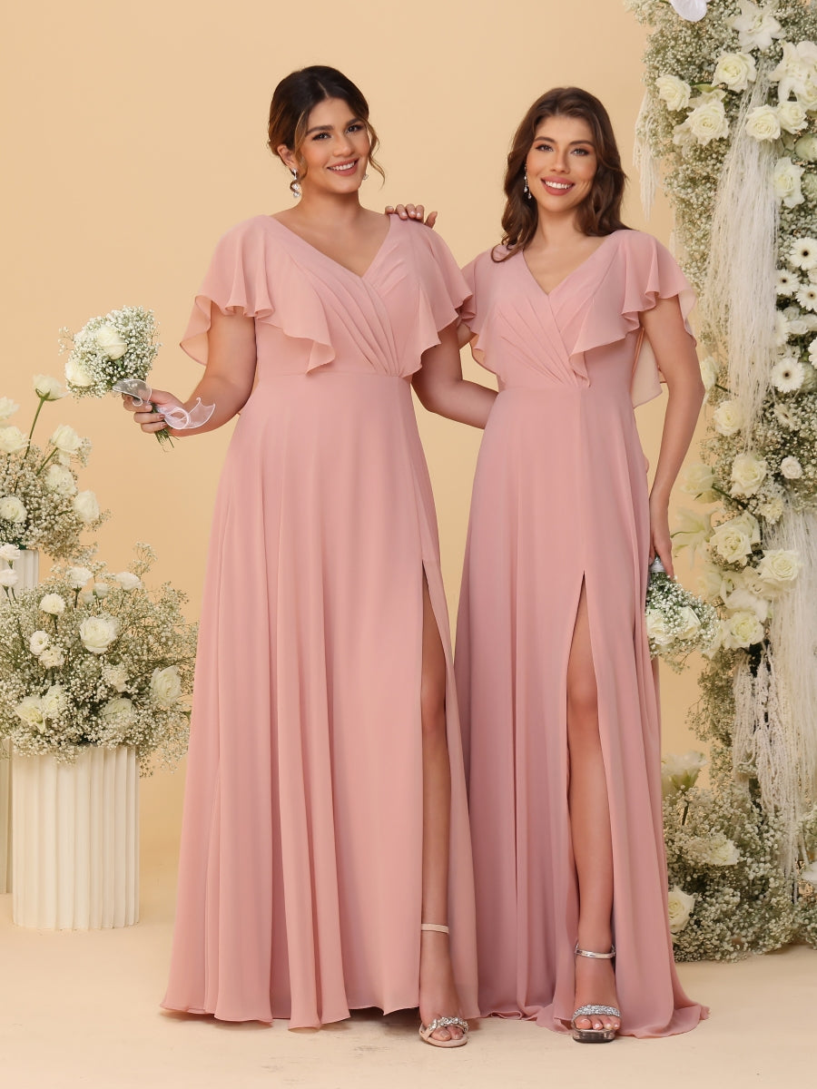 A-Line/Princess V-Neck Short Sleeves Floor-Length Ruched Bridesmaid Dresses With Side Slit - 이미지 3