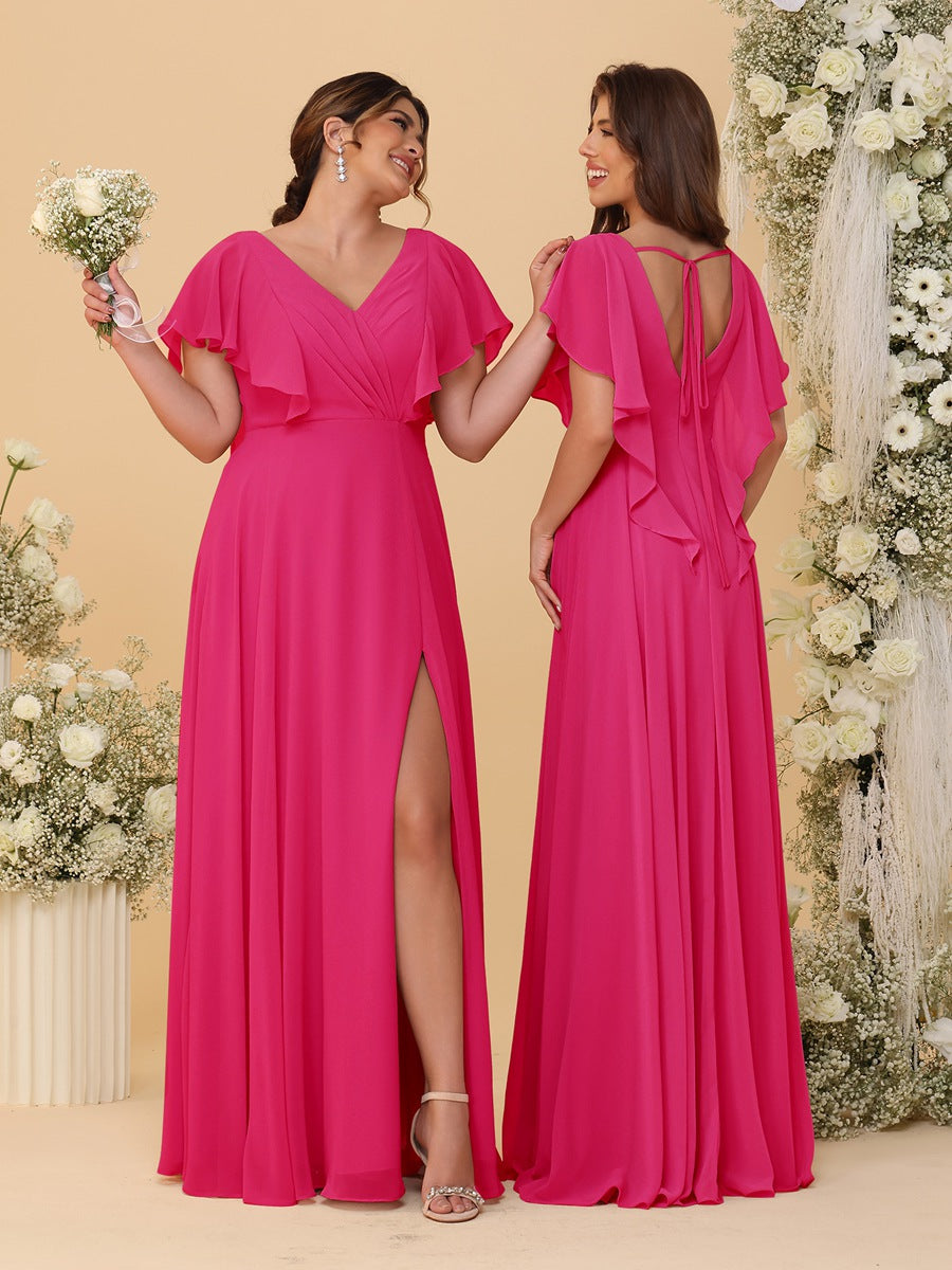 A-Line/Princess V-Neck Short Sleeves Floor-Length Ruched Bridesmaid Dresses With Side Slit - 이미지 27