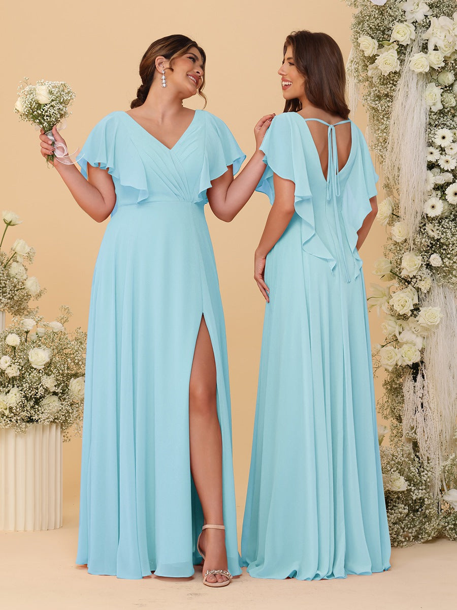 A-Line/Princess V-Neck Short Sleeves Floor-Length Ruched Bridesmaid Dresses With Side Slit - 이미지 22