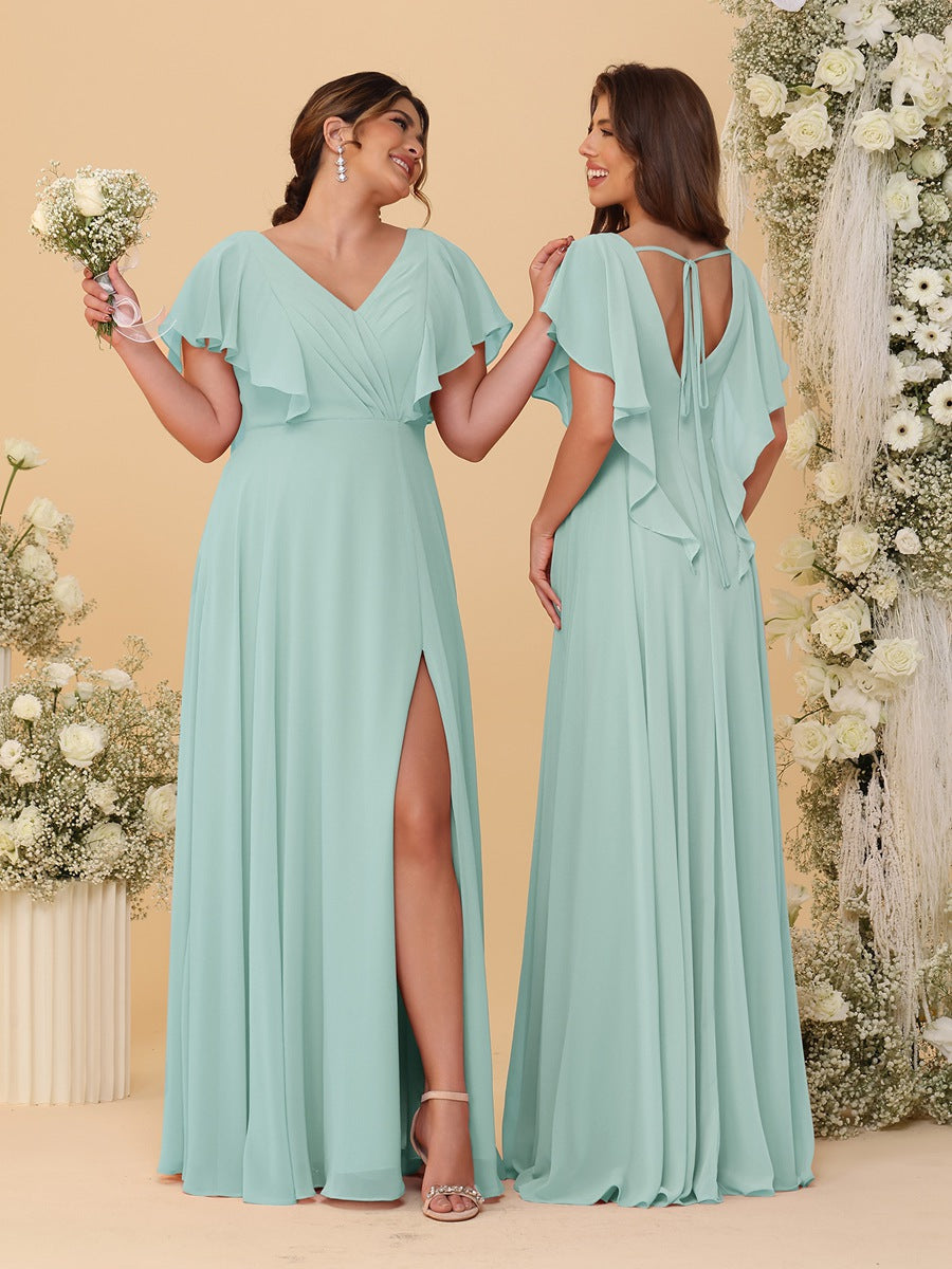 A-Line/Princess V-Neck Short Sleeves Floor-Length Ruched Bridesmaid Dresses With Side Slit - 이미지 28