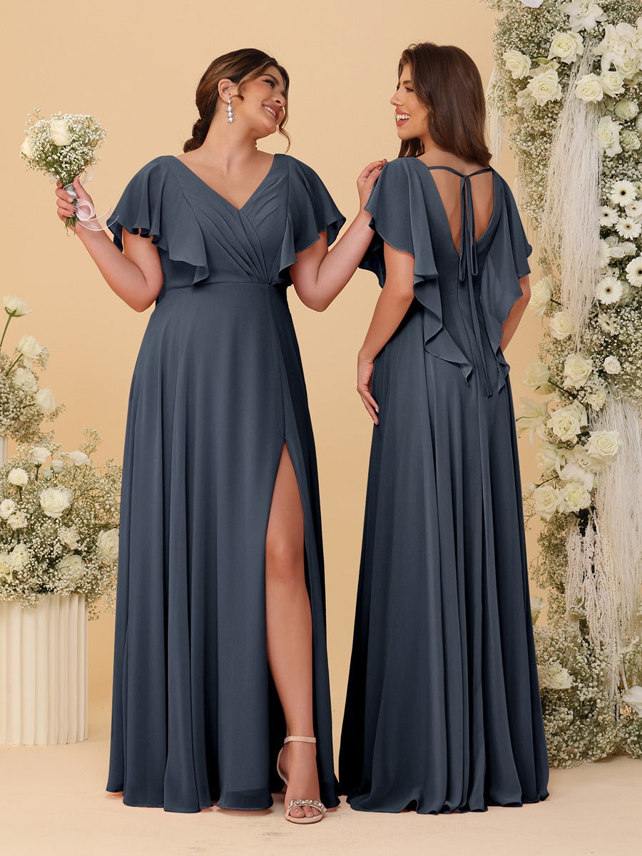 A-Line/Princess V-Neck Short Sleeves Floor-Length Ruched Bridesmaid Dresses With Side Slit - 이미지 44