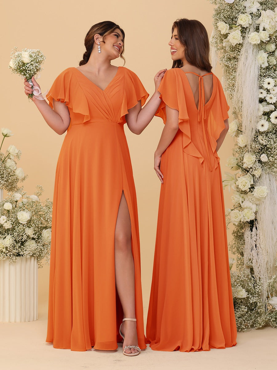 A-Line/Princess V-Neck Short Sleeves Floor-Length Ruched Bridesmaid Dresses With Side Slit - 이미지 74