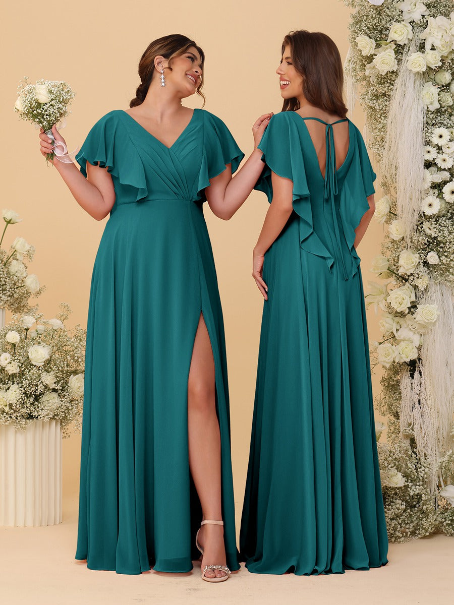 A-Line/Princess V-Neck Short Sleeves Floor-Length Ruched Bridesmaid Dresses With Side Slit - 이미지 58
