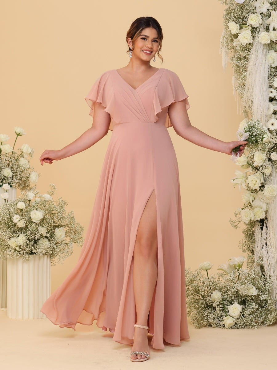 A-Line/Princess V-Neck Short Sleeves Floor-Length Plus Size Bridesmaid Dresses With Side Slit - 이미지 3