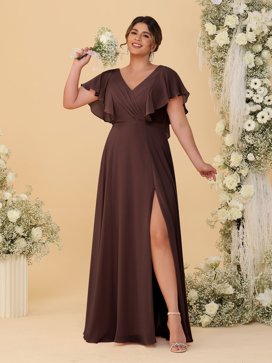A-Line/Princess V-Neck Short Sleeves Floor-Length Plus Size Bridesmaid Dresses With Side Slit - 이미지 8