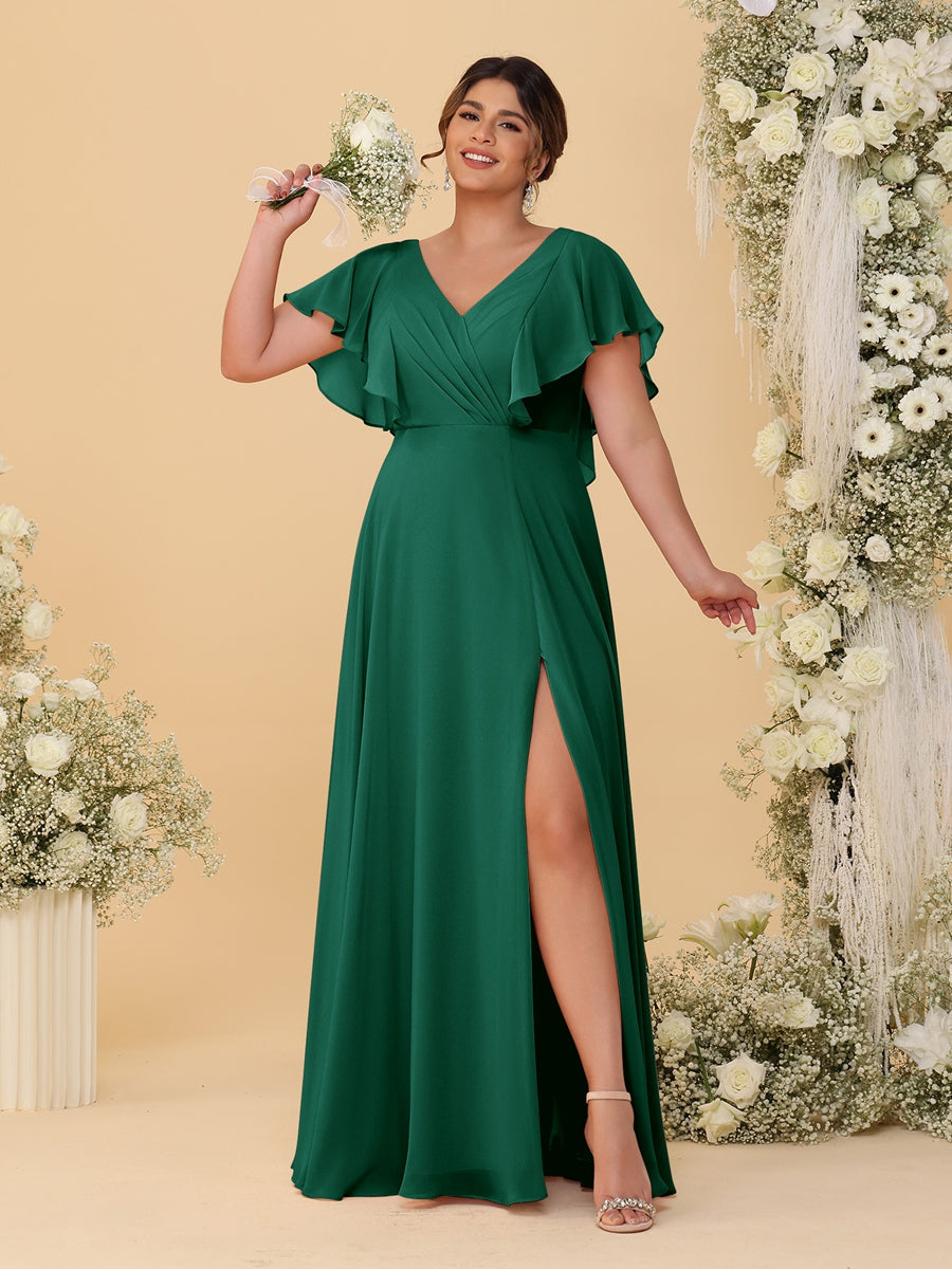 A-Line/Princess V-Neck Short Sleeves Floor-Length Plus Size Bridesmaid Dresses With Side Slit - 이미지 14