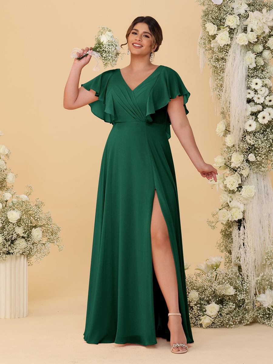A-Line/Princess V-Neck Short Sleeves Floor-Length Plus Size Bridesmaid Dresses With Side Slit - 이미지 20