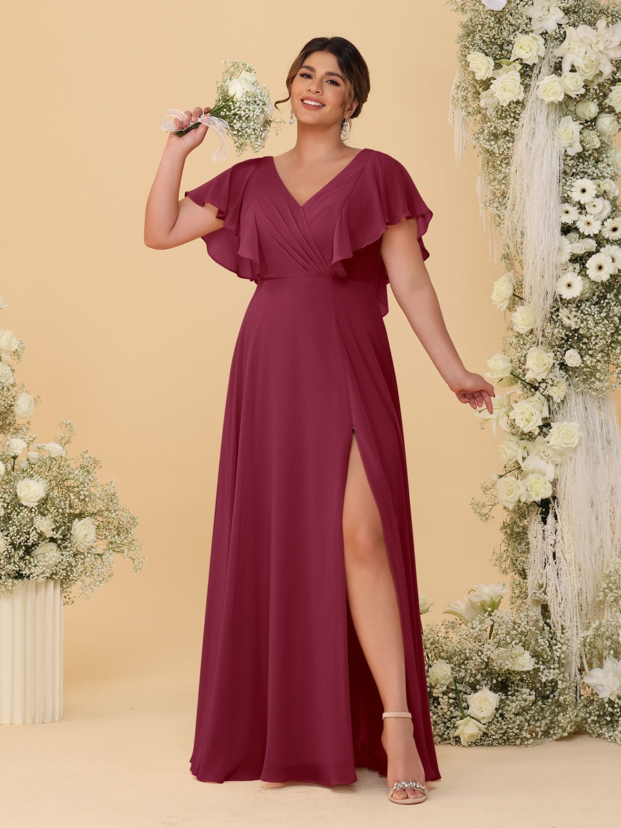 A-Line/Princess V-Neck Short Sleeves Floor-Length Plus Size Bridesmaid Dresses With Side Slit - 이미지 32