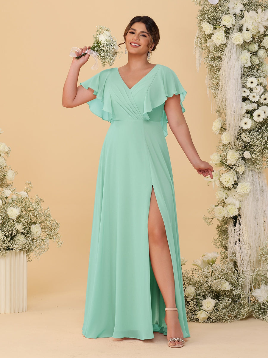 A-Line/Princess V-Neck Short Sleeves Floor-Length Plus Size Bridesmaid Dresses With Side Slit - 이미지 40