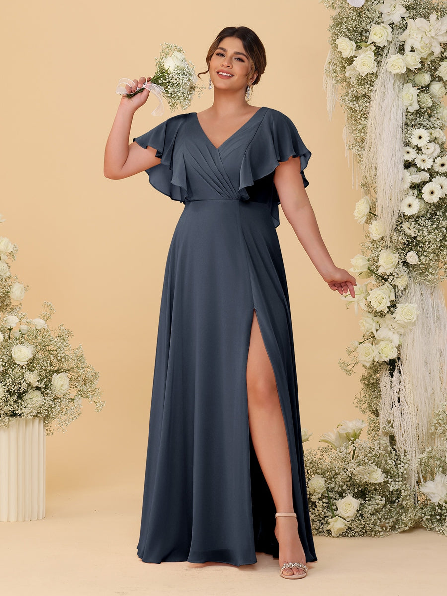 A-Line/Princess V-Neck Short Sleeves Floor-Length Plus Size Bridesmaid Dresses With Side Slit - 이미지 44