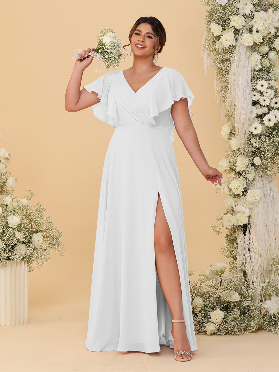 A-Line/Princess V-Neck Short Sleeves Floor-Length Plus Size Bridesmaid Dresses With Side Slit - 이미지 46