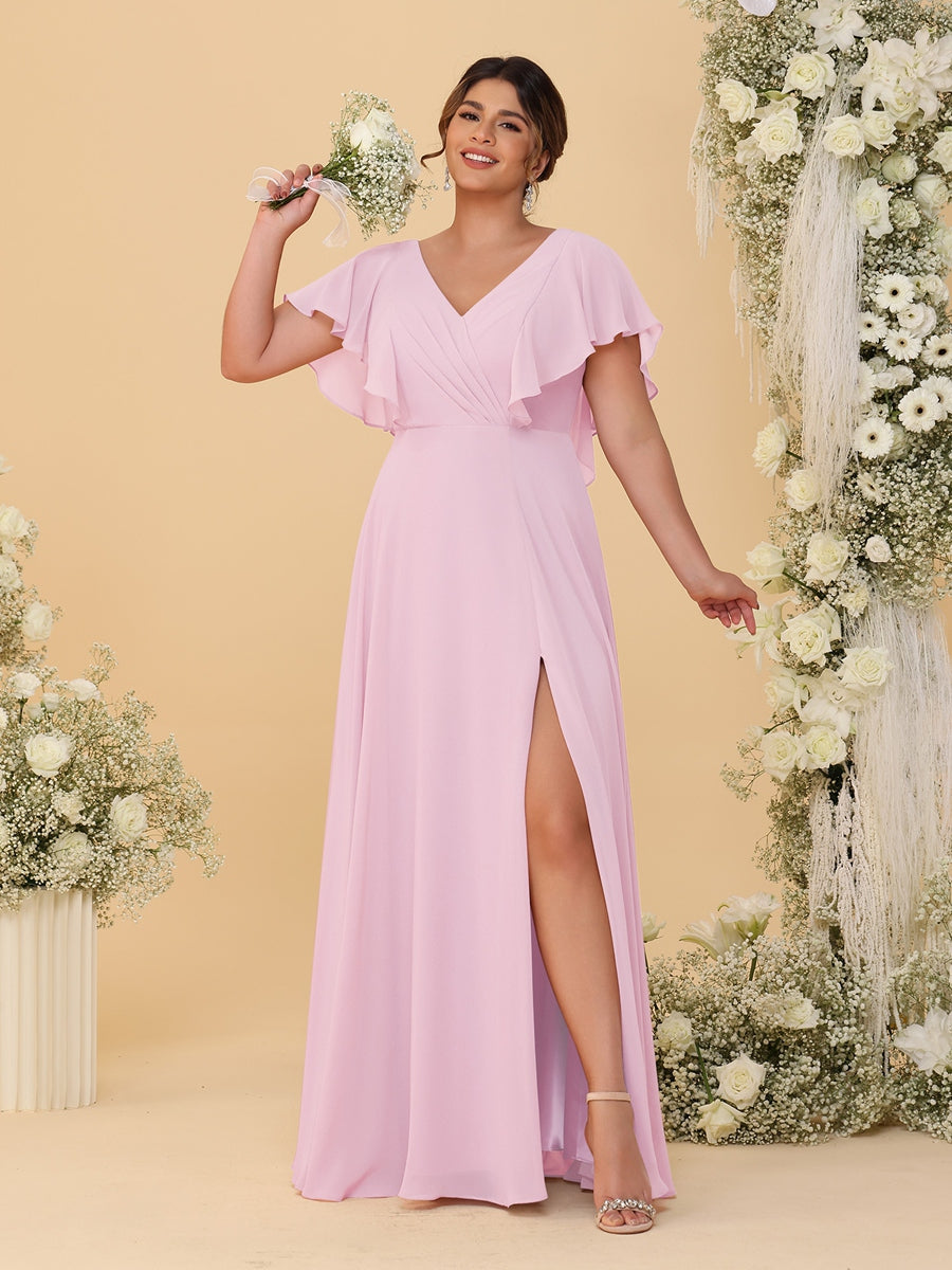 A-Line/Princess V-Neck Short Sleeves Floor-Length Plus Size Bridesmaid Dresses With Side Slit - 이미지 53