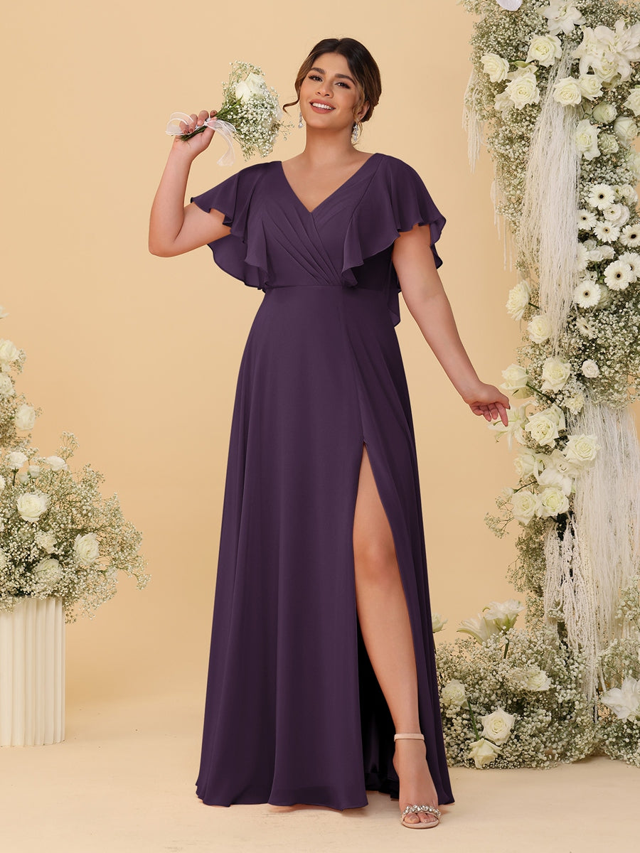 A-Line/Princess V-Neck Short Sleeves Floor-Length Plus Size Bridesmaid Dresses With Side Slit - 이미지 54