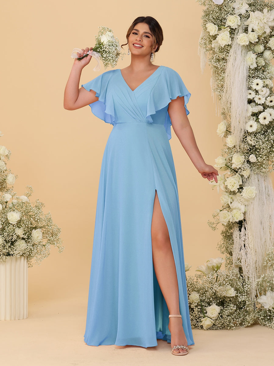 A-Line/Princess V-Neck Short Sleeves Floor-Length Plus Size Bridesmaid Dresses With Side Slit - 이미지 63