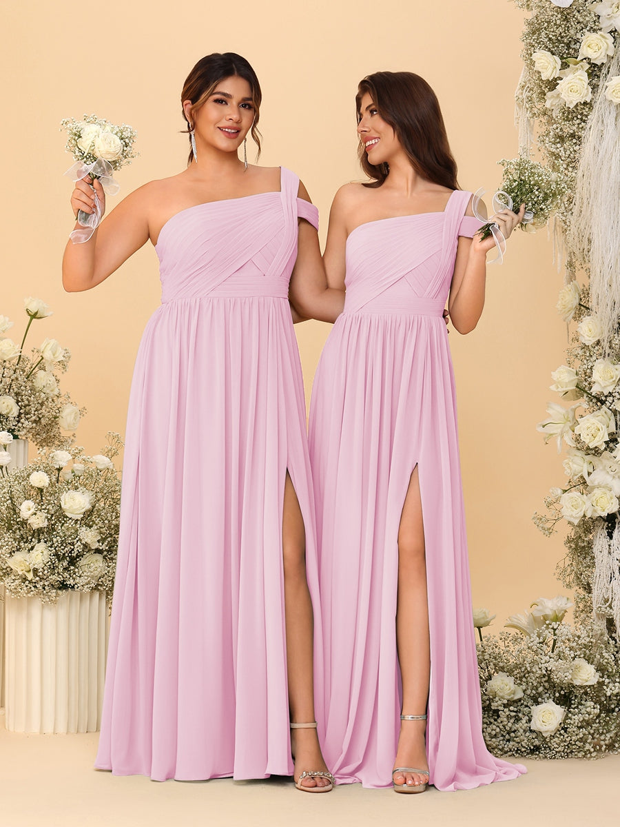 A-Line/Princess One-Shoulder Sleeveless Floor-Length Ruched Bridesmaid Dresses With Side Slit - 画像 (55)