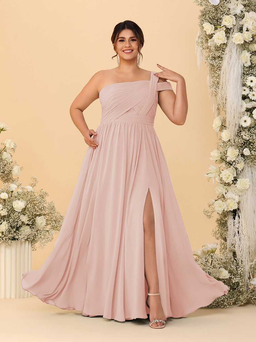 A-Line/Princess One-Shoulder Sleeveless Floor-Length Ruched Plus Size Bridesmaid Dresses With Side Slit - 画像 (36)