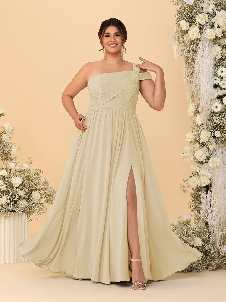 A-Line/Princess One-Shoulder Sleeveless Floor-Length Ruched Plus Size Bridesmaid Dresses With Side Slit - 画像 (9)