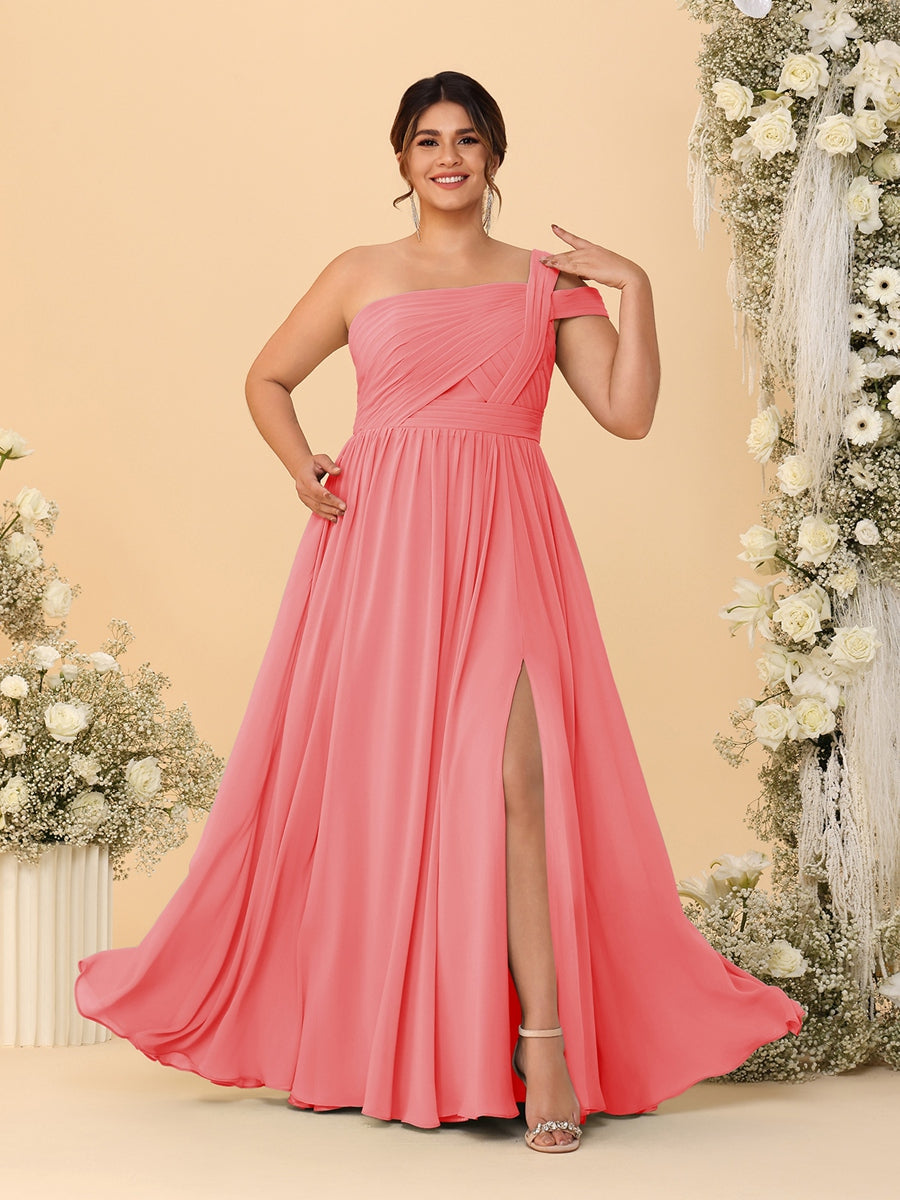A-Line/Princess One-Shoulder Sleeveless Floor-Length Ruched Plus Size Bridesmaid Dresses With Side Slit - 画像 (39)