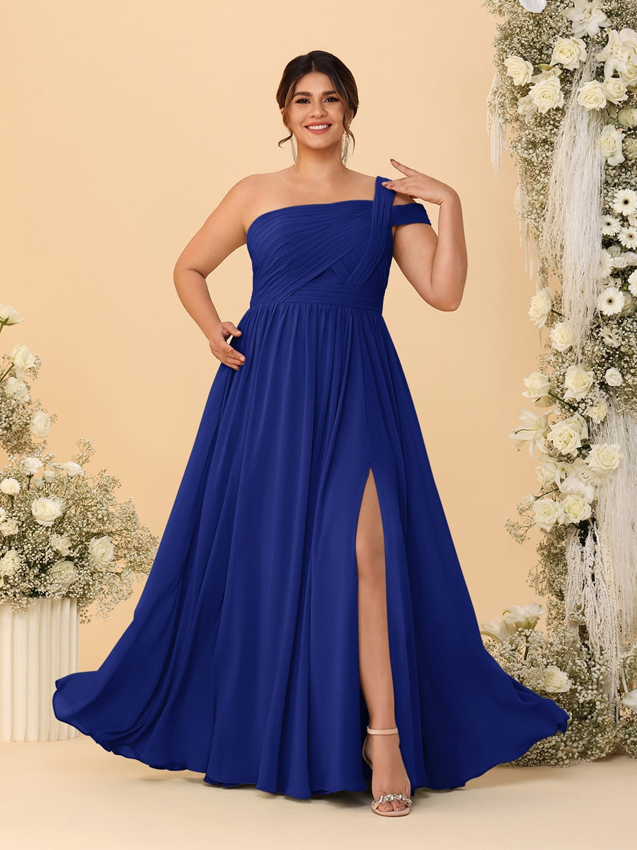 A-Line/Princess One-Shoulder Sleeveless Floor-Length Ruched Plus Size Bridesmaid Dresses With Side Slit - 画像 (10)